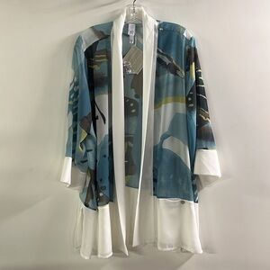 WYNNE LAYERS NWT Cruise Party Open Front 2 Pocket Border Blue Abstract Kimono 2X